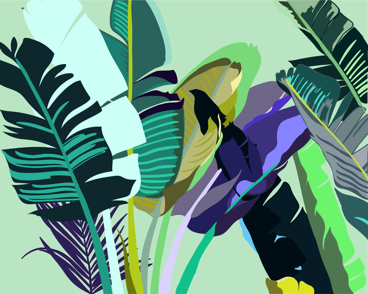 Ilustración digital de las hojas de una planta tropical, con tonalidades azules, violetas y colores fluorescentes, realizada en adobe illustrator.